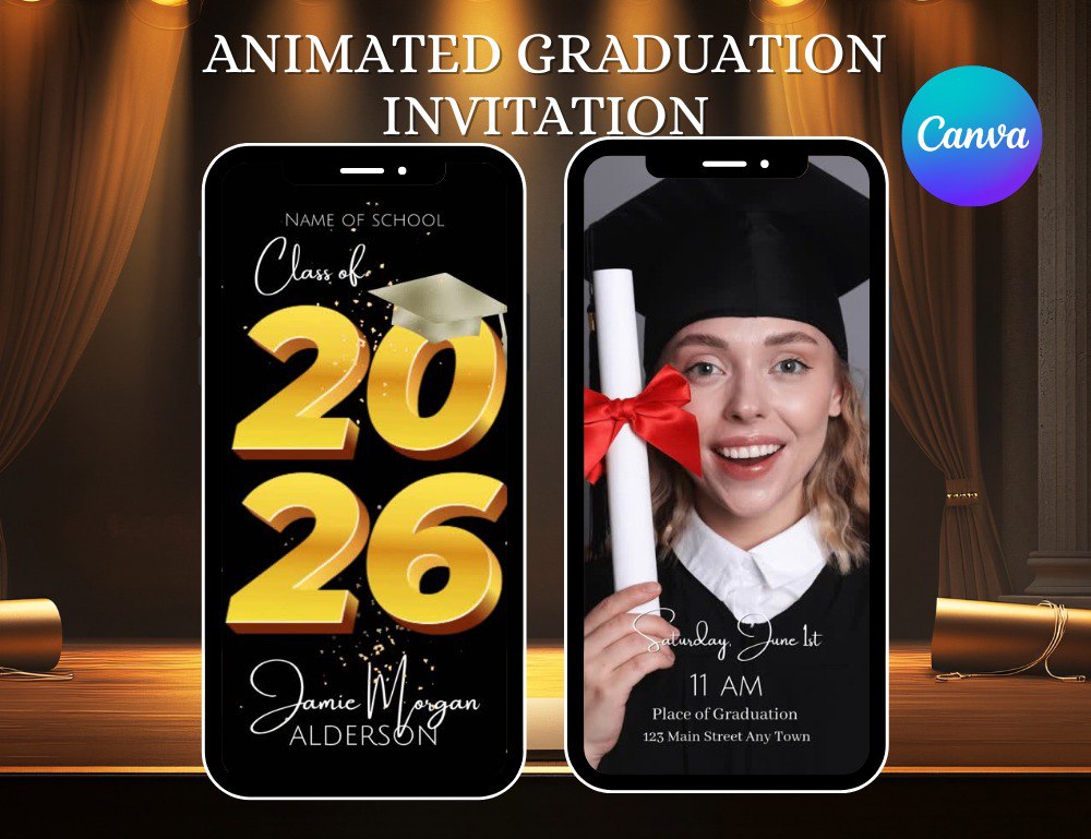 Graduation Invitation Template Editable, Modern Digital Grad Party Invite, Class of 2026 Mobile/ The option to add your favorite song.