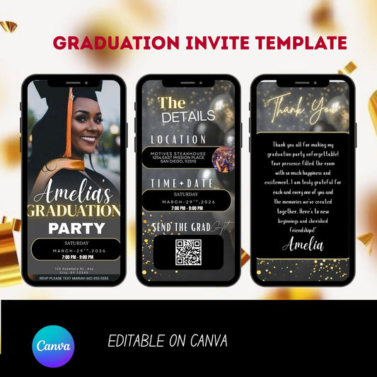 Graduation Invitation Template Editable, Modern Digital Grad Party Invite, Class of 2026 Mobile Invite