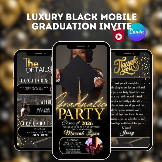 Luxury Black Mobile Graduation Invitation, Editable Elegant Class of 2026 Digital Invite