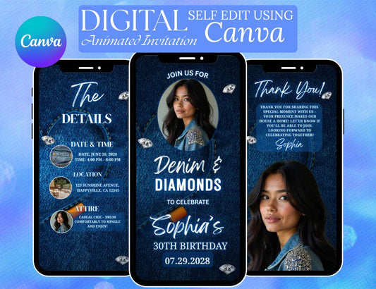 Denim and Diamonds Birthday Invitation | Canva Editable Digital Invite for Birthday Dinner Party