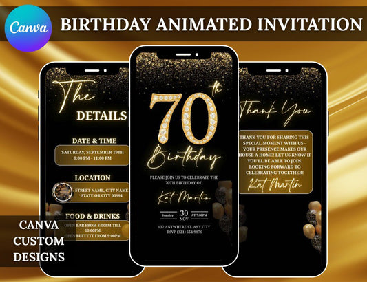 70th Birthday Dinner Invitation | Gold Tone Elegant Canva Editable Digital Invite
