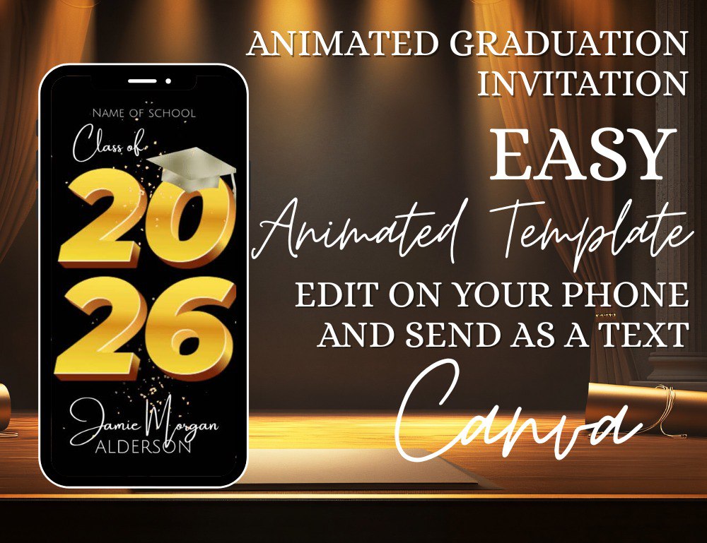 Graduation Invitation Template Editable, Modern Digital Grad Party Invite, Class of 2026 Mobile/ The option to add your favorite song.