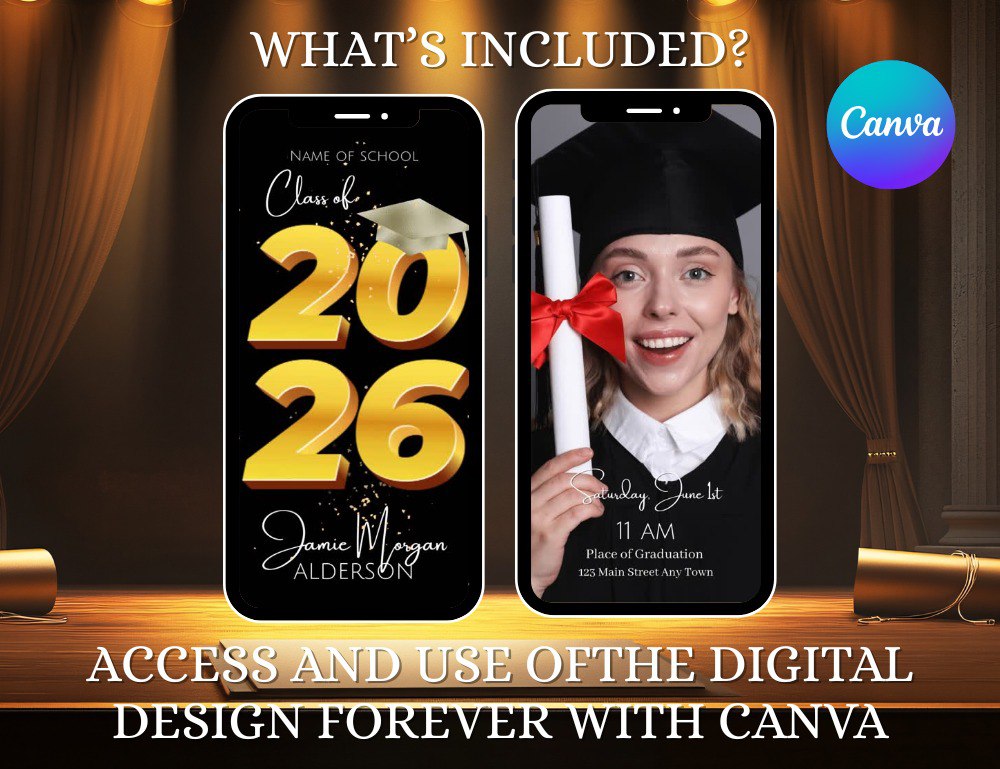 Graduation Invitation Template Editable, Modern Digital Grad Party Invite, Class of 2026 Mobile/ The option to add your favorite song.
