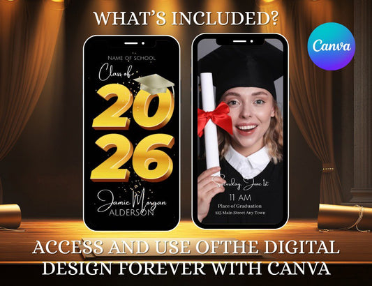 Graduation Invitation Template Editable, Modern Digital Grad Party Invite, Class of 2026 Mobile/ The option to add your favorite song.